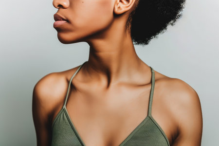 Close-up portrait of an African-American woman with afro hair, wearing a green bra, looking sideways against a neutral backdrop. AI generatedの素材