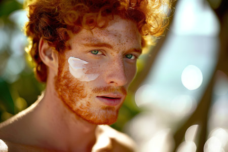 Portrait of a shirtless red-haired man looking at camera, with sunscreen cream on his face, in a vegetated beach area. AI generatedの素材