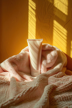 Mockup of a tube of cream colored cosmetic cream without marks on a towel illuminated by the sun creating lights and shadows on yellow background for cosmetic advertisement. AI generatedの素材