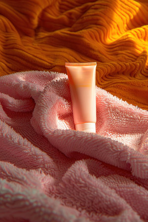 Unbranded pink and orange cream tube mockup on towels of the same color for cosmetics advertisement. Makeup Product Advertising. AI generatedの素材