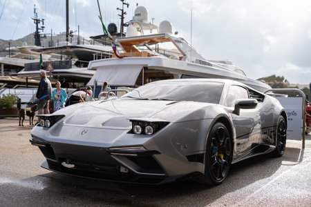 Porto Cervo, Italy - August 28, 2023: Ares Design car model Panther ProgettoUno, an Italian supercar parked in the exclusive marina of luxury yachts in Porto Cervo, on Sardinia islandのeditorial素材