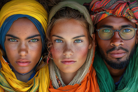 Close-up portrait of three beautiful young multiracial models looking at camera, one man and two women wearing colorful traditional clothing, showcasing diversity and cultural beauty. AI generatedの素材