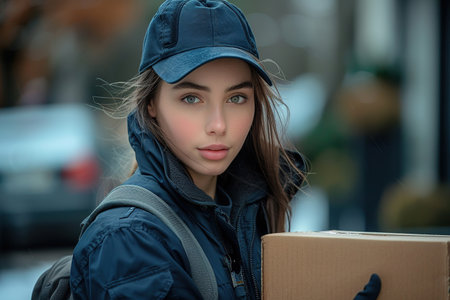 Close up portrait of a young beautiful Caucasian girl working as a delivery girl in her 20s, wearing a blue cap and jacket, holding a cardboard box, looking at the camera on the street. AI portraitの素材