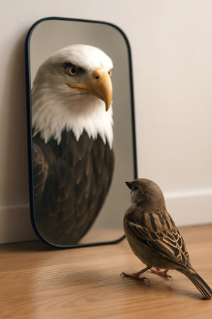 A sparrow on a wooden floor faces a mirror; its reflection is a powerful eagle. A metaphor for inner strength, mental fortitude, identity and ambition. Concept of psychology. AI generatedの素材