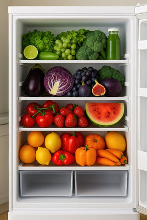 Open fridge with four shelves, each dominated by one color, greens, purples, reds, and oranges/yellows. Fruits and vegetables, nutrition and diet concept. AI generatedの素材