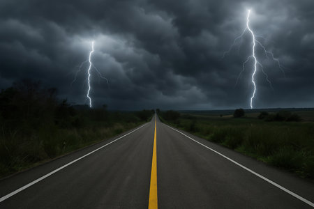 Ominous storm over an empty road with lightning striking both sides, symbolizing destiny, uncertainty and a dark journey forward into the unknown under dramatic night skies. AI generatedの素材