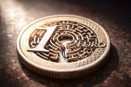Macro top view of a one-euro coin transformed into a labyrinth with a tiny figure at the start. Warm studio light, shallow depth of field. Concept of finance, risk, strategy and choice. AI generatedの素材