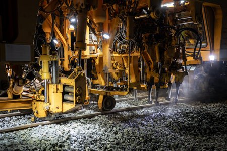 Detail of a railway tamping machine working on track maintenance, compacting the ballast and correcting the alignment to restore optimal rail geometry. Railway infrastructure maintenance.の写真素材
