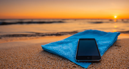 a towel and a cell phone on a beach at sunsetの写真素材