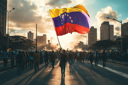 protests of people with the Venezuelan flag against the dictatorship in the streets of the city of Caracas in Venezuelaの写真素材