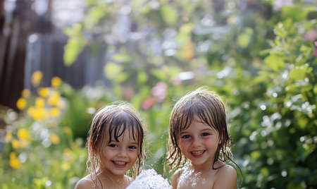 some girls playing with water in a garden