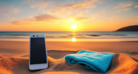 a towel and a cell phone on a beach at sunset generated with AIの写真素材