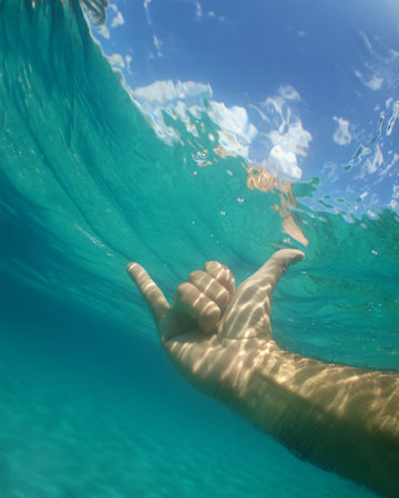 a man's hand with the cool sign underwater