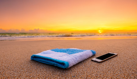 a towel and a cell phone on a beach at sunsetの写真素材