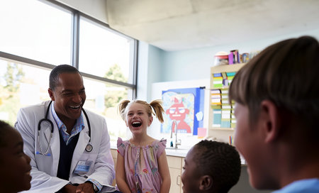 some doctors laughing with some children in their officeの写真素材