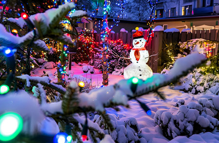 a photo of a snowman in a garden full of snowの写真素材