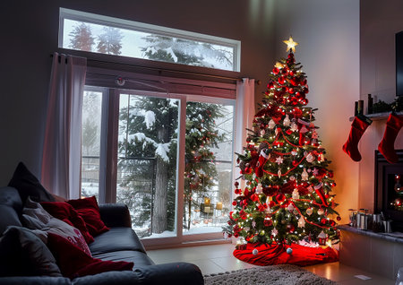 a Christmas tree in a living room of a houseの写真素材