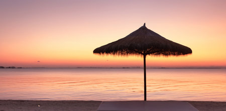 an umbrella and a bed on a beach at sunsetの写真素材