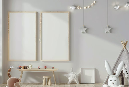 Mock up poster frame in children's room with Christmas decoration, Scandinavian style interior backgroundの写真素材