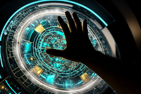 a man manipulating a quantum computerの写真素材