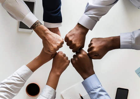 A photo from above of some coworkers stacking their hands