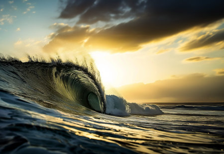 the tube of a big wave in the ocean at sunset