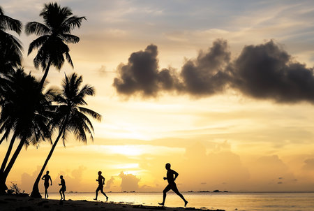 some runners training on a tropical beach at sunsetの写真素材