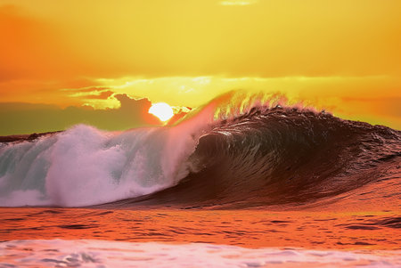 a big wave at sunset in the seaの写真素材