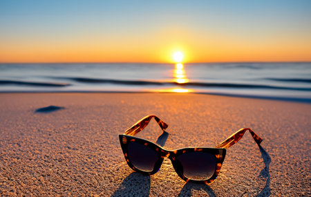 some sunglasses in the sand on a beach at sunsetの写真素材
