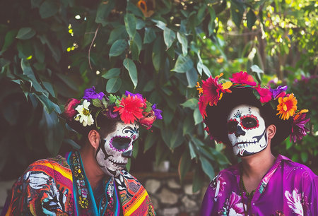 some brothers dressed up on the day of the dead in Mexicoの写真素材