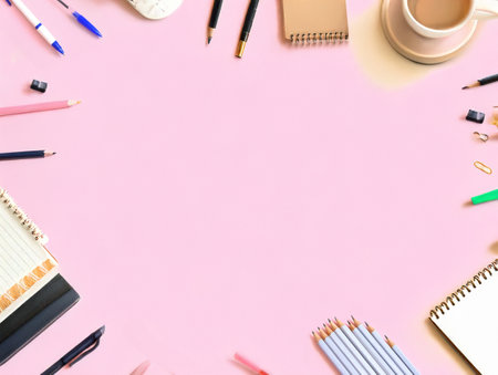 top view of modern executive desk: pens, pencils, notebooks and other office items in random arrangement using only color and a blank center spaceの写真素材