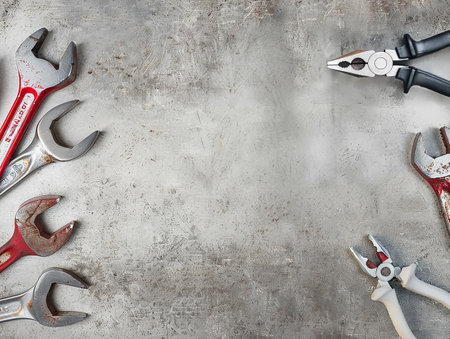 Tools themed border, on a polished background with copy space image.の写真素材