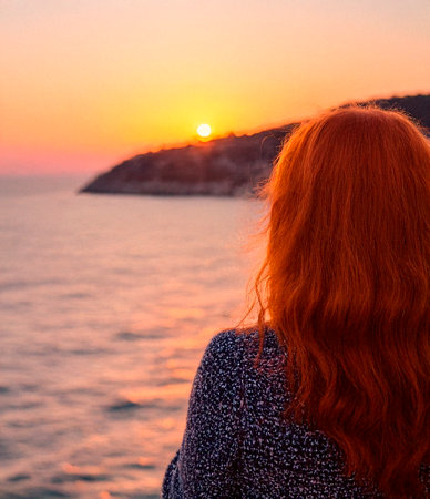 a red-haired woman watching a sunset at the seaの写真素材