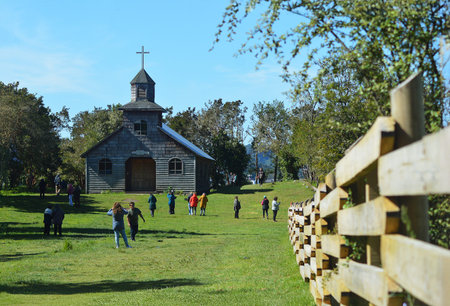 a church in a field in southern Chileの写真素材