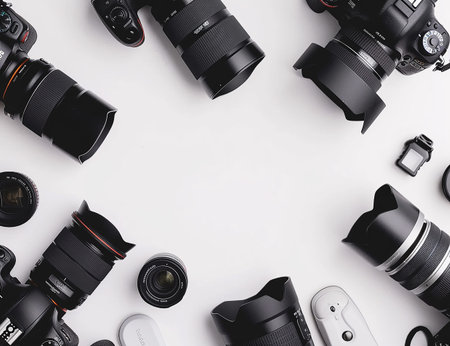 Cameras and lenses around a white space.