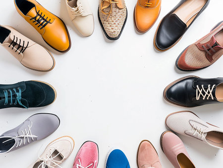 Various shoes for different occasions arranged in a circle.の写真素材