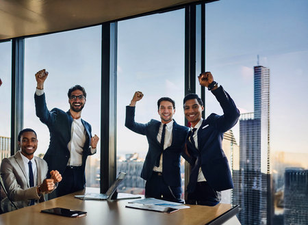 a group of executives celebrating in a conference roomの写真素材