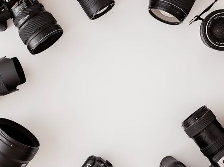 Cameras and lenses around a white space.の写真素材