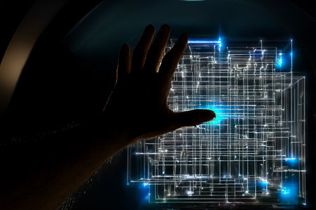 a man manipulating a quantum computerの写真素材