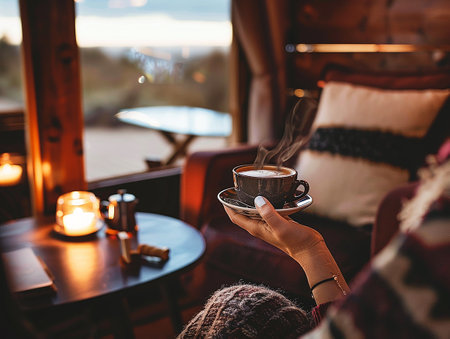 a woman's hand holding a cup of coffeeの写真素材
