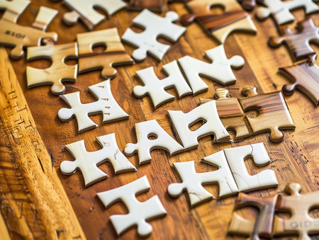 a puzzle on a wooden tableの写真素材