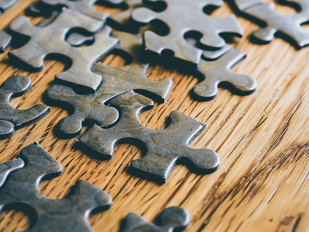 a puzzle on a wooden tableの写真素材