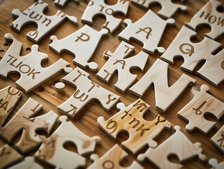 a puzzle on a wooden tableの写真素材