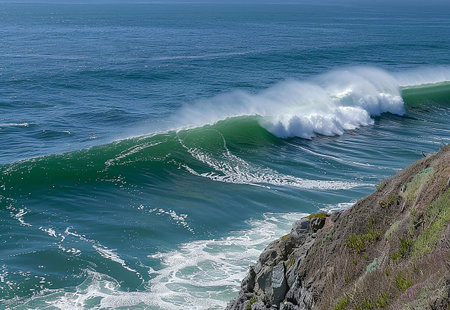 a beautiful wave forms an ideal tube for surfing seen from a cliff in the Pacific Ocean with a clear...