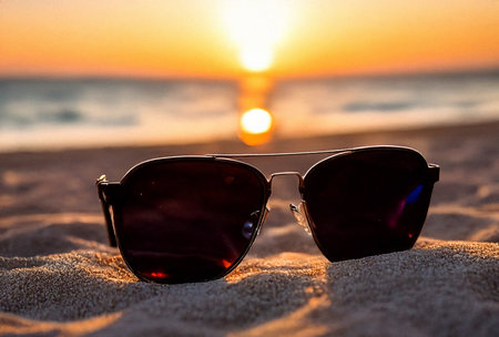 some sunglasses in the sand on a beach at sunsetの写真素材