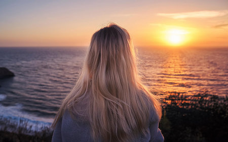 a woman watching a sunset at the seaの写真素材