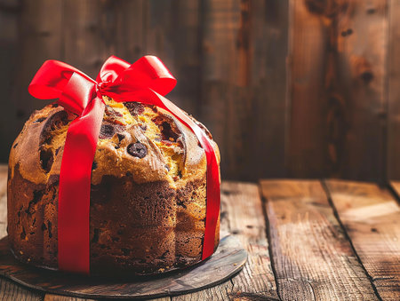 Traditional Italian Christmas cake panettone with red bow on rustic wooden background. Homemade artisanal sourdough panettone ready to eat. Classic Italian Christmas food and edible gift.の写真素材