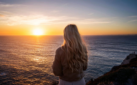 a woman watching a sunset at the seaの写真素材