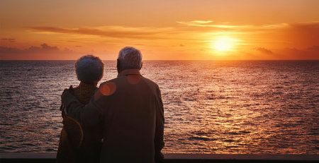 an elderly couple watching a sunset at the seaの写真素材