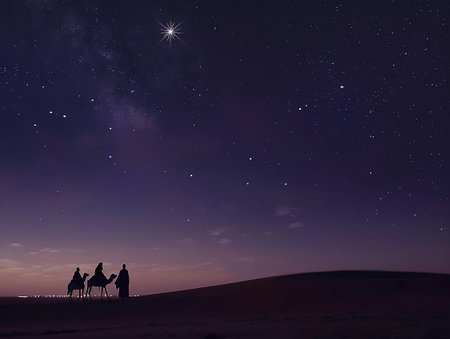 the three wise men and the star of bethlehem at nightの写真素材
